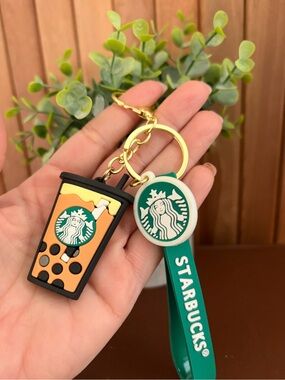 Starbucks Bubble Tea Keychain with Green Strap and Gold Hardware